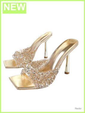 Women's Rhinestone Stiletto Mules Sandals Square Open Toe Slip-On High Heels